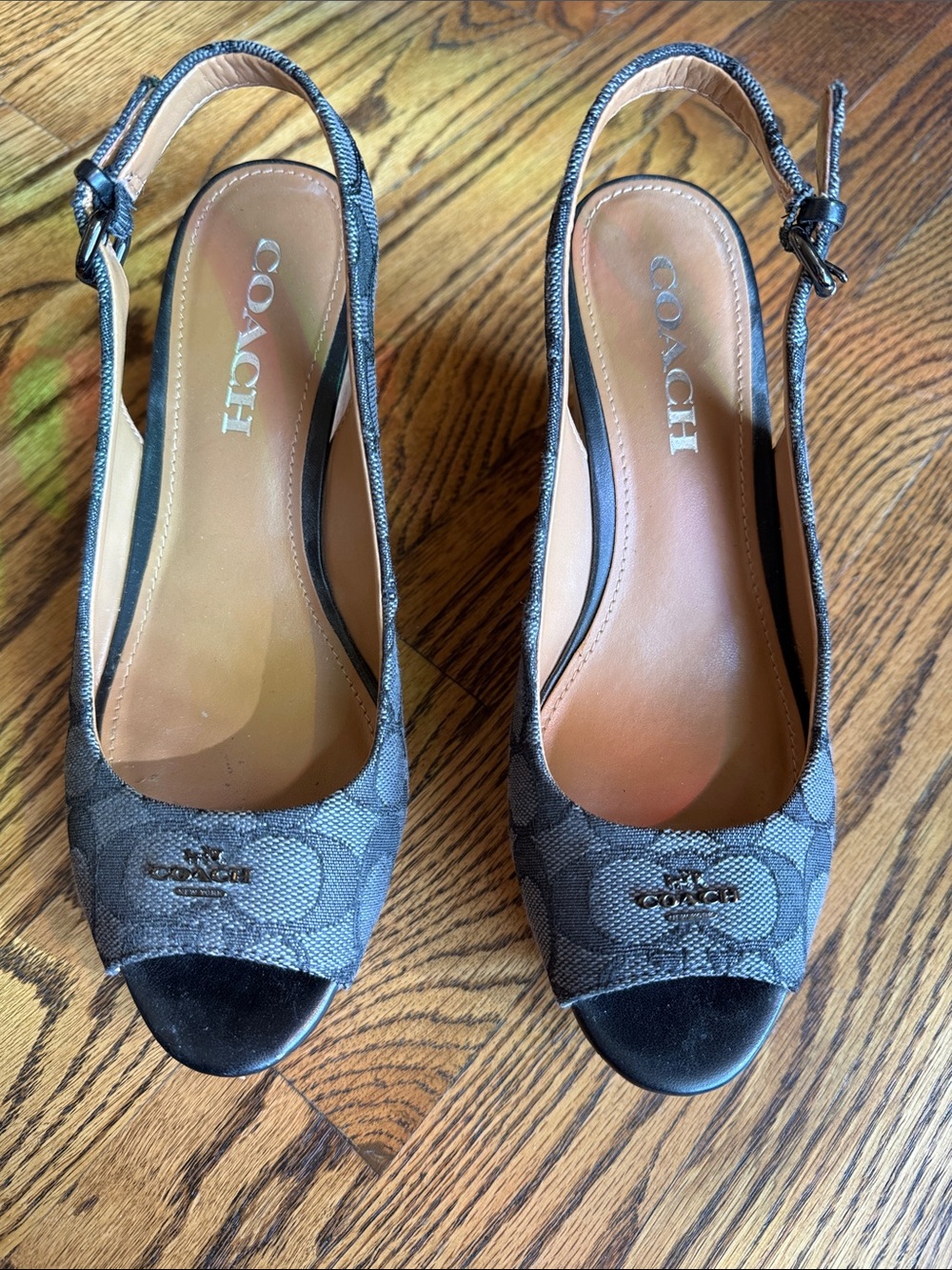 Coach Ferry Logo Slingback Wedge Heels Gray Black size 6